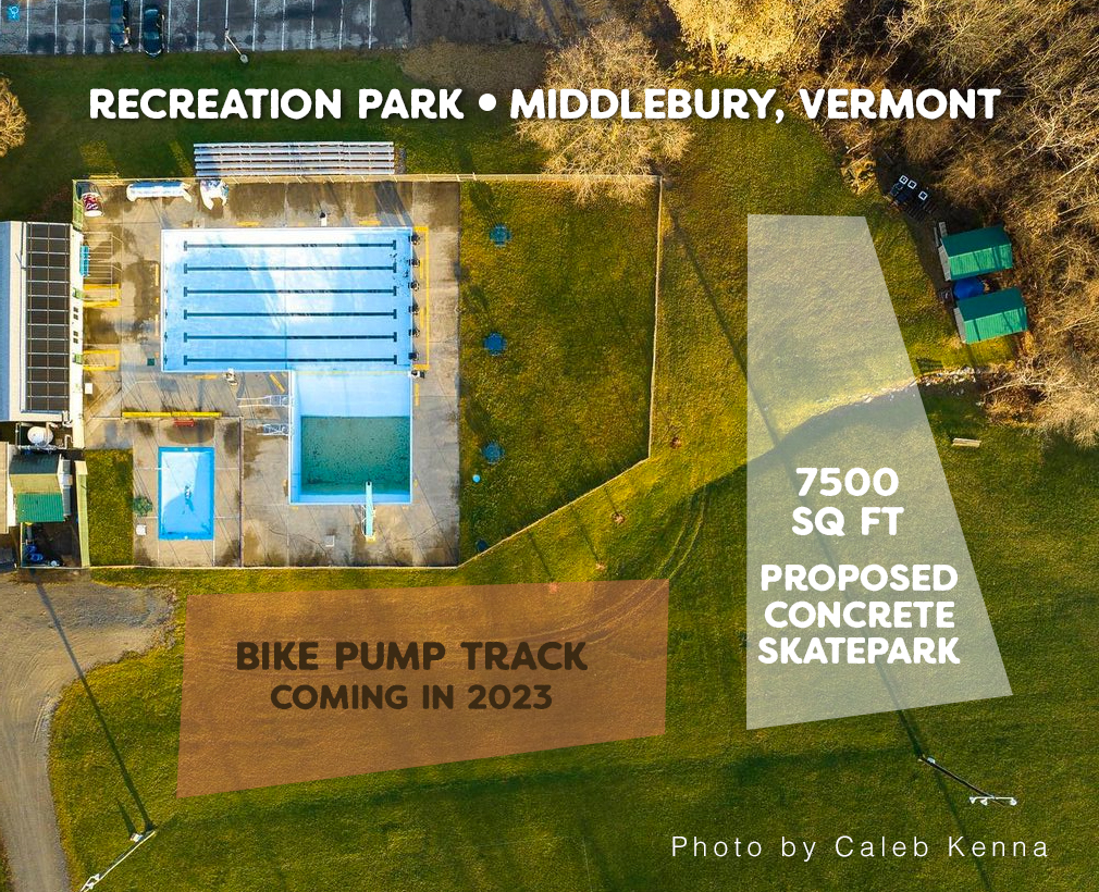 An aerial photograph of Recreation Park in Middlebury, above the swimming pool. Two rectangular shapes have been drawn over the photo to show the future locations of a bike pump track and 7500 square foot concrete skatepark. The shapes are drawn to the right and below the swimming pool. Text at the bottom of the photo says, Photo by Caleb Kenna.